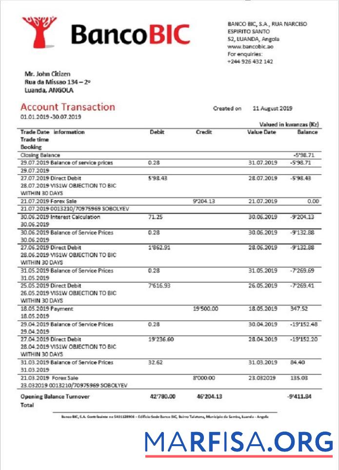 Downloadable Angola Banco BIC bank statement example